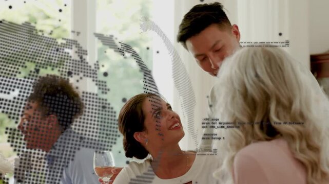Seated woman receiving glass for toast at dining table as man leaning in, globe overlay clearing