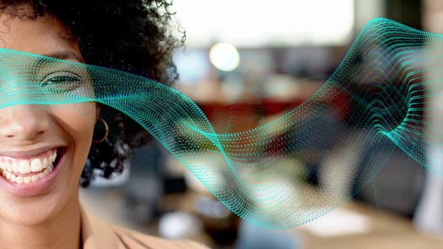 Office woman widening smile as teal dotted waveform sweeping across face, showcasing tech demo