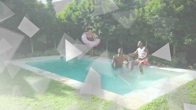 Woman jumping into yard pool for fun after man pointing, men reacting, prisms adding leisure vibe