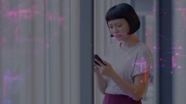 Woman by windows taking phone, checking text and scrolling as magenta tech overlay wrapping phone