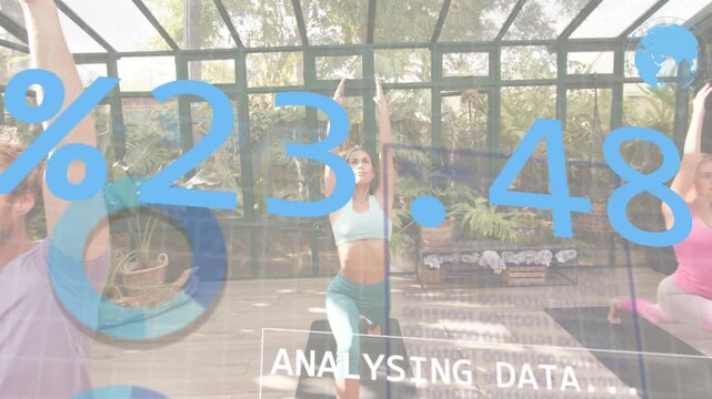 Three fitness peers holding high lunge in sunroom, analytics overlay appearing, tracking form