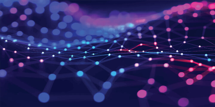 Abstract glowing blue fiber optics background with bright light spots and blurred star bokeh design decoration for modern technology wallpaper