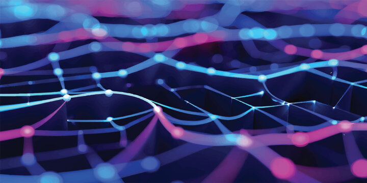 Abstract blue background featuring glowing circles and futuristic wave patterns with light technology lines in a fractal motion design