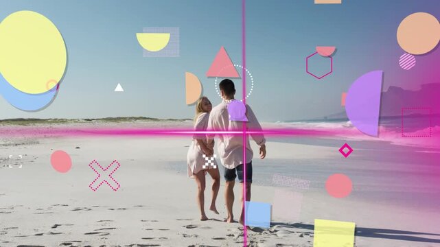 Couple walking along beach, sharing love, movement causing pink bar and shapes sliding, marketing