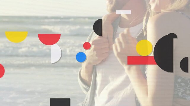 Female and male holding hands at shoreline graphic shapes entering left revealing smiles for design