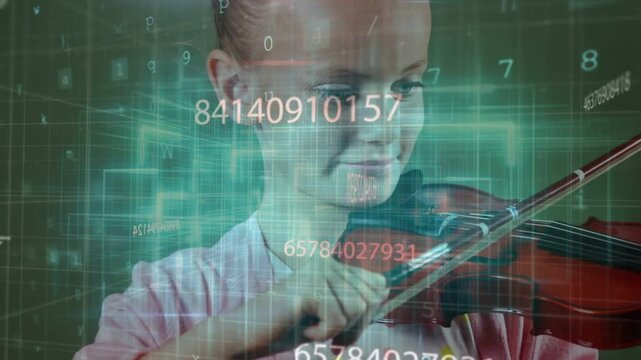 Female student placing bow on violin, drawing strokes while practicing, teal grid visualizing music