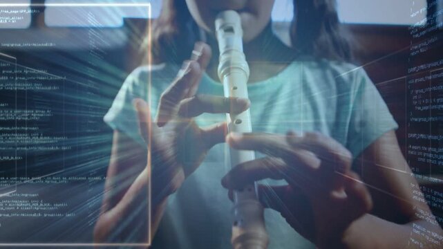 Girl placing recorder to lips, fingering notes, zooming out, overlays streaking, learning music