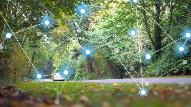 Silver sedan entering from right, receding toward road, sparking nodes expanding, showing network
