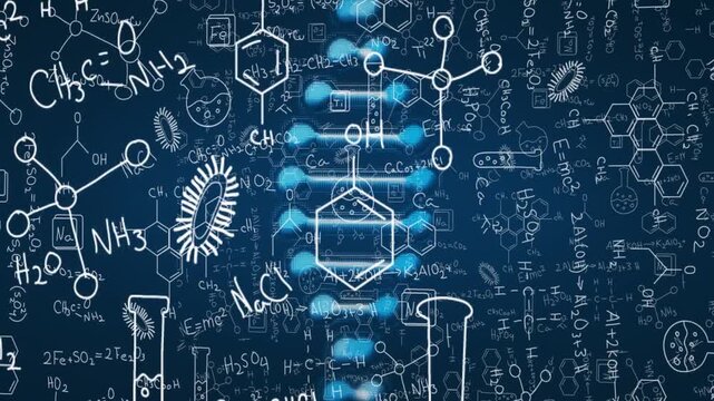 Glowing DNA helix entering top-right, translating pulsing centering, showing DNA over chalkboard