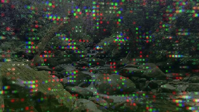 Stream flowing over moss rocks while RGB grid appearing after glitch, obscuring water for review