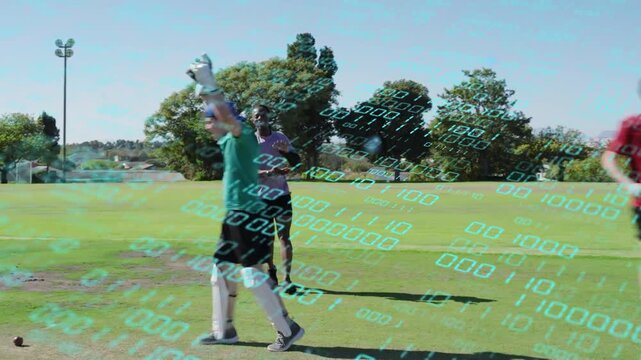 Batsman hitting ball sparking keeper diving and team chasing under binary sports overlay for wicket
