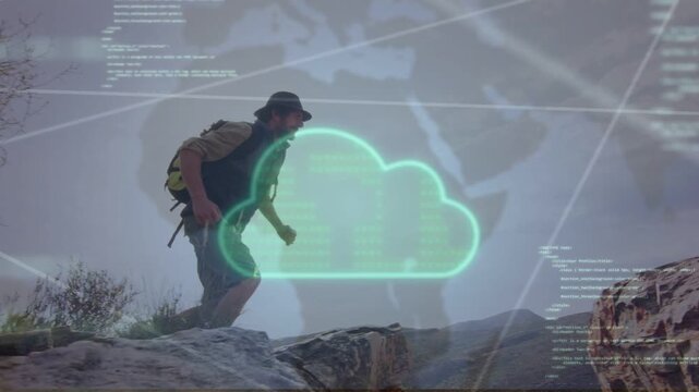 Male hiker stepping to rock edge leaping gap while cloud technology overlays scaling showing climb