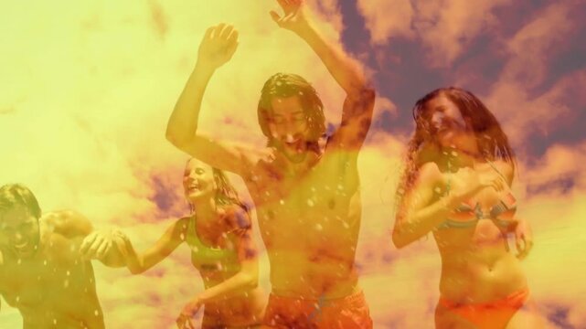 Camera moving forward, group running toward camera on beach, splashing, warm overlay for marketing