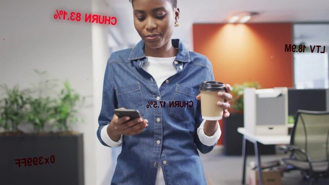 Office worker walking sipping coffee then scrolling phone reading messages with red black overlays