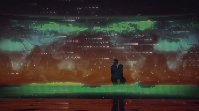 Duo on pier moving right stepping causing hug parting reuniting walking amid animated tech map