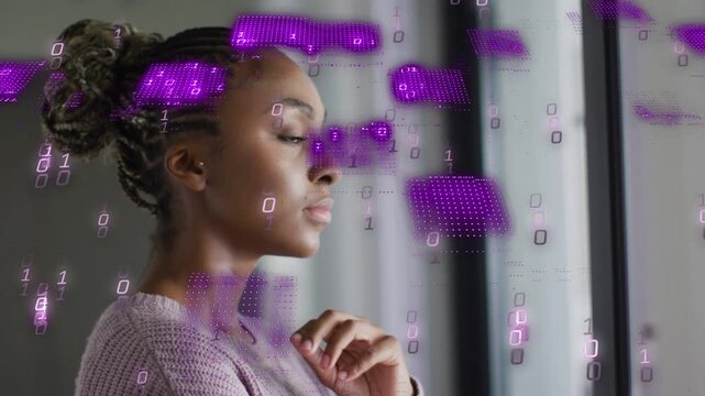 Woman gazing out window camera moving purple digit overlay enveloping then fading, showing tech