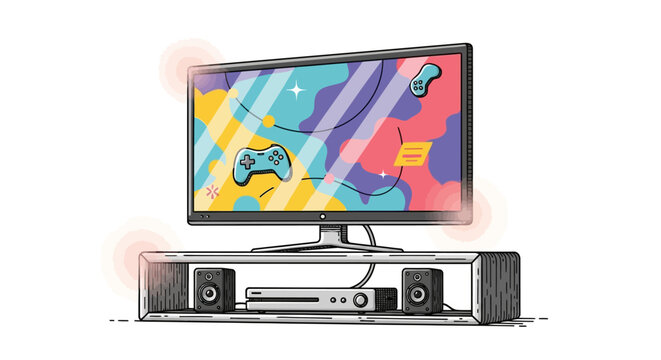 A vibrant cartoon television setup featuring a colorful abstract gaming screen, complete with a sound system and media console, on a clean white background.