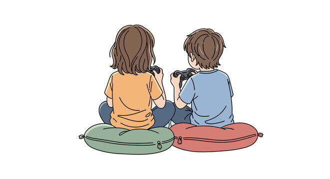 Two young friends enjoy a fun and engaging afternoon together, deeply immersed in a competitive video game session while comfortably seated on colorful cushions.