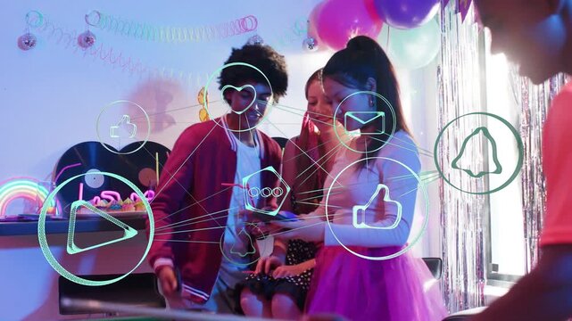 Three guests clustering around phone, tapping and scrolling, causing social media icons floating