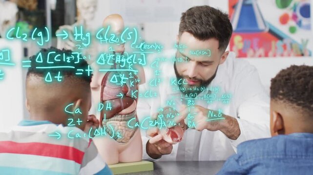 Science tutor teaching organs by holding rotating organ boys leaning as teal equations intensifying