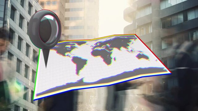 World map pin entering city, overlaying blurred commuters, drifting and marking business hub