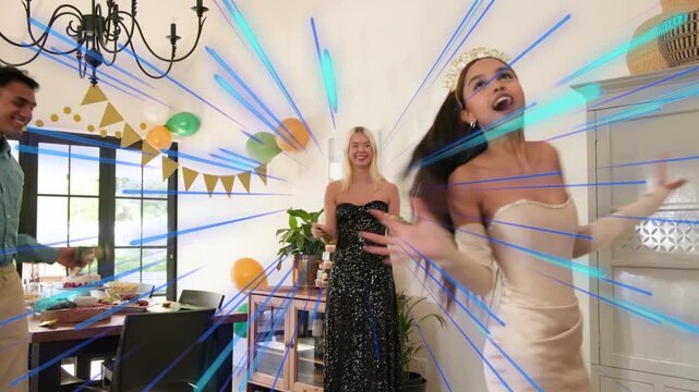 Friends giving gift surprising birthday person for party blue-pink overlay on banner balloons