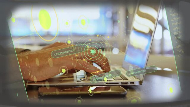 Man typing on laptop, pressing keys and initiating animated AI HUD showing inference for testing