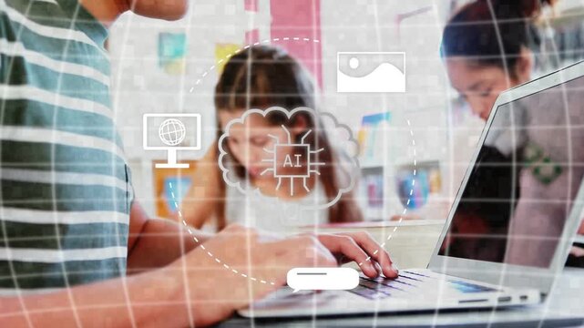 Student typing in class as grid intensifying initiating cloud with AI orbiting icons for learning