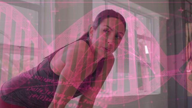 Woman steadying breath and raising gaze in fitness rest on plyo box, pink overlay obscuring motion