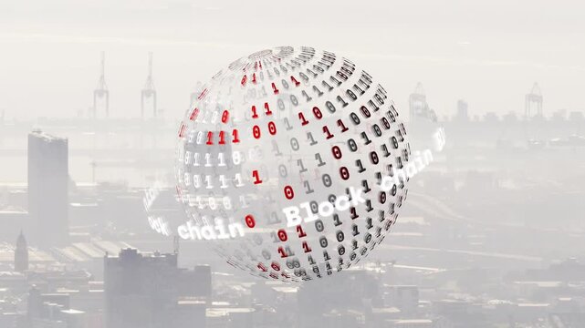 Pulse starting glass globe rotating and drifting, showing 0 or 1s, visualizing blockchain over skyli