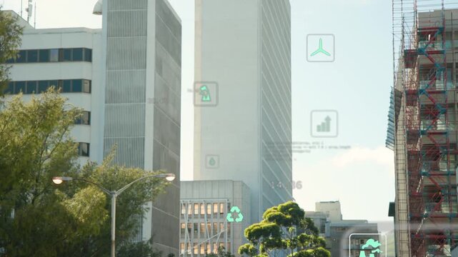 On start translucent HUD icons appearing central tower, drifting sliding readouts showing city data