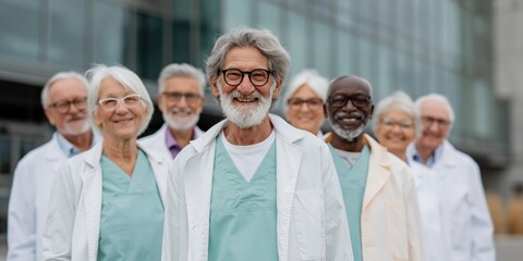 Obraz premium Senior physicians leading team outside modern medical center