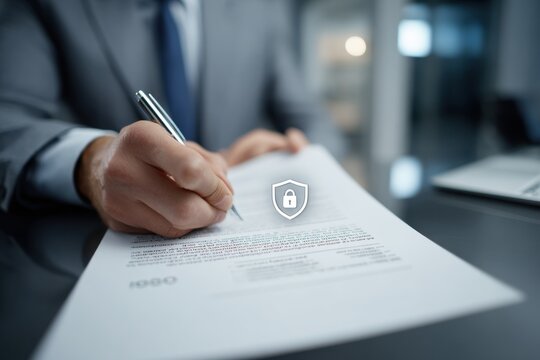 Businessman signing important document with security icon overlay