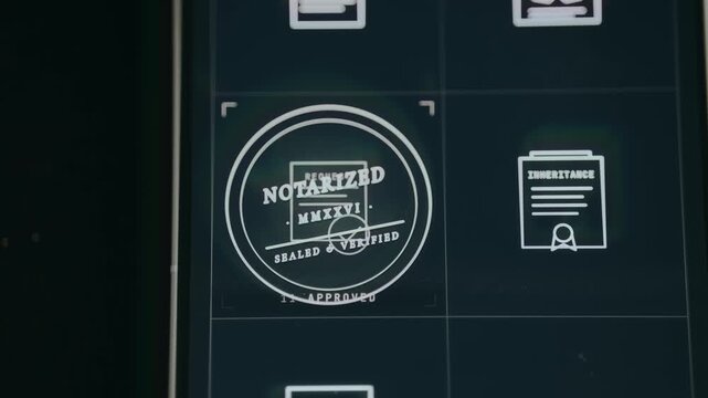 Document animated icon labeled Request with stamp Notarized overlay
