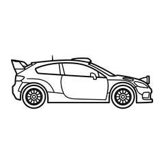 Fototapeta premium Aggressive rally car outline vector graphic with spoiler and racing lights on white background