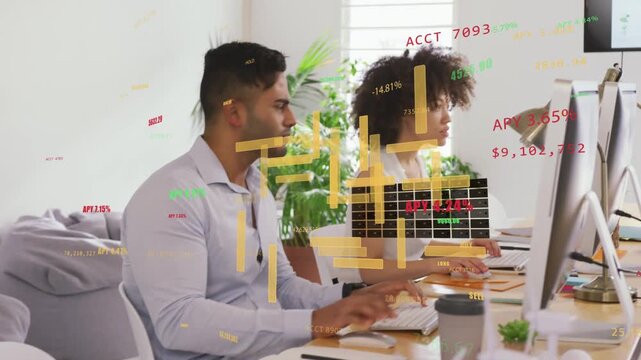 Man typing keyboard, causing finance HUD aligning with monitors while woman analyzing data