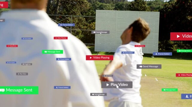 Bowler running in and bowling on pitch batsman bracing as badges appearing over players for stream
