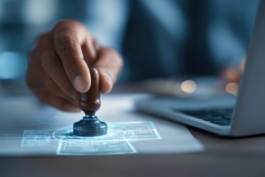 Hand stamping document with digital hologram approval