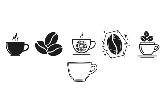 Modern coffee cup icons coffee beans abstract geometric designs and cafe store front vector art.