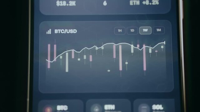Cryptocurrency trading app displaying a Bitcoin to US Dollar candlestick chart
