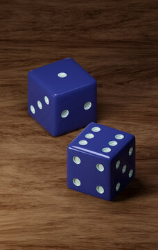 Two Dice placed on a wood textured table, Double Indigo Dice with White dots display number 1,2,3, 4, 5, 6