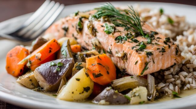 Cooked salmon fillet with vegetable and rice served on plate. Healthy high protein dinner for balanced nutrition. Homemade nutritious meal with fish and harvest vegetables for diet.