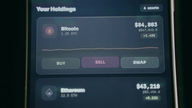 Cryptocurrency portfolio overview, Balance for Bitcoin, person taps the option SELL