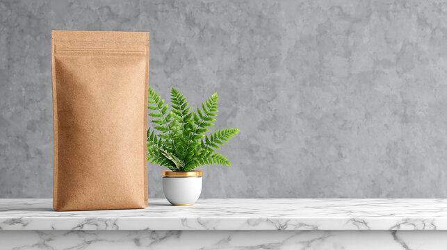 Kraft paper pouch, fern plant, marble table, gray background, minimal scene