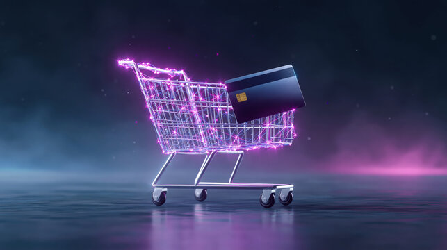 Shopping cart e commerce payment concept in neon light