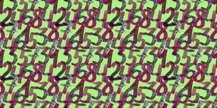 Trendy Seamless Numbers Pattern On Bright Green Background With Abstract Graffiti Style Texture
