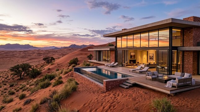 Luxury desert villa with infinity pool at sunset in namibia, sossusvlei modern architecture with glass walls overlooking sand dunes and mountains
