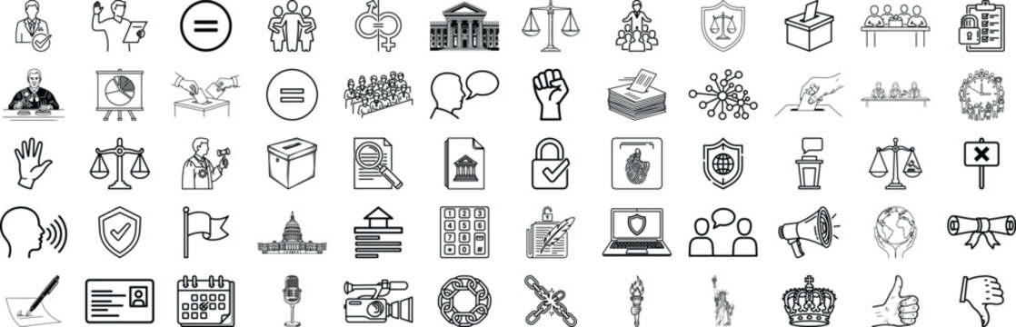 Government and politics line icons set, 65 law and justice vector symbols, democracy and voting thin line pictograms for legal and civic design