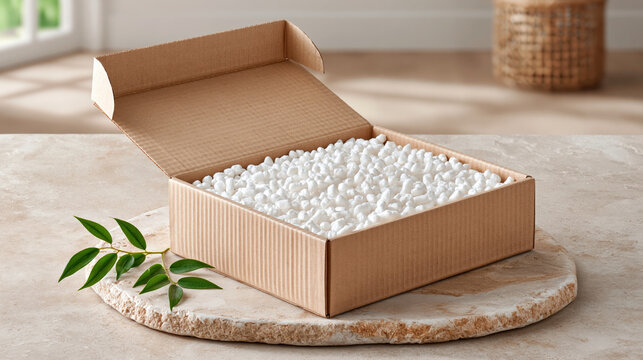 Open cardboard box filled with packing material for e commerce shipping