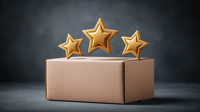 Cardboard box, golden star, e commerce, product rating, review score